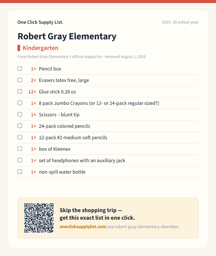 Robert Gray Elementary Kindergarten supply list — printable image