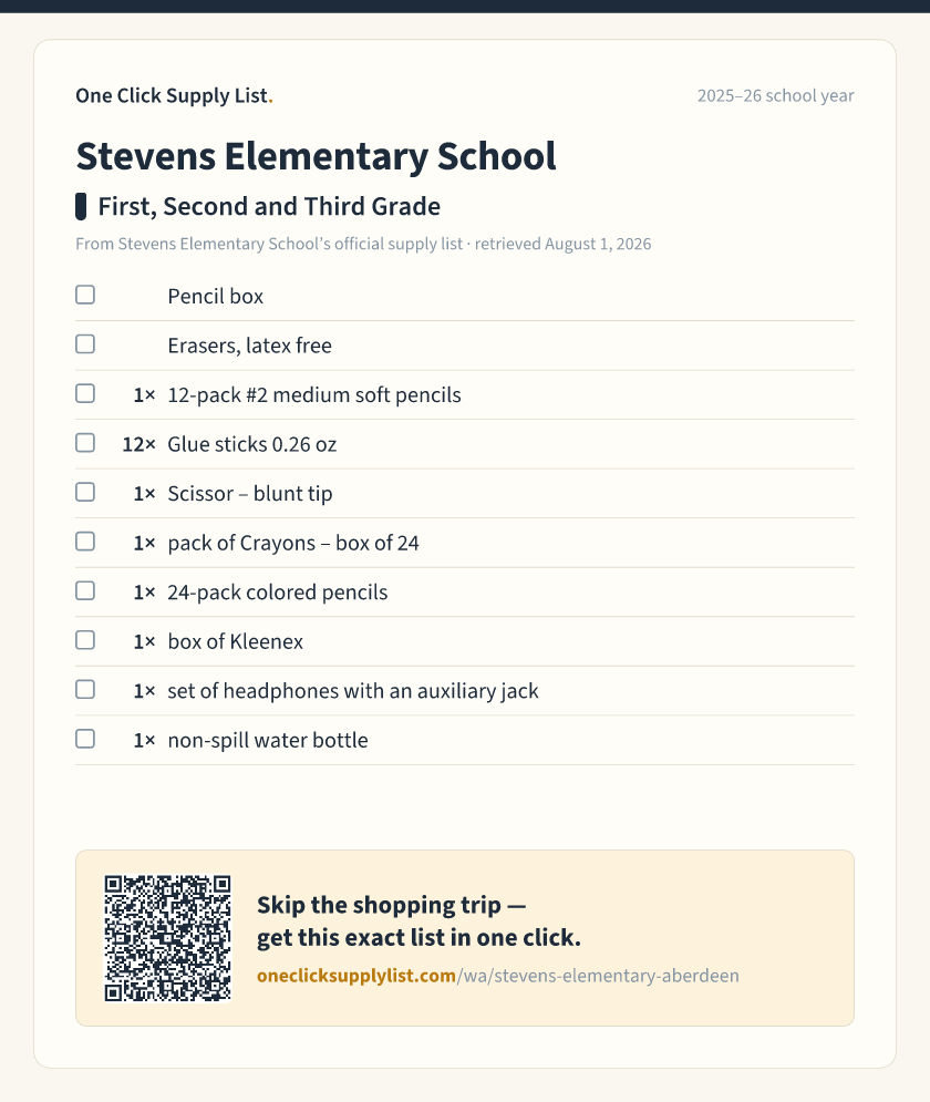 Stevens Elementary School First, Second and Third Grade supply list — printable image