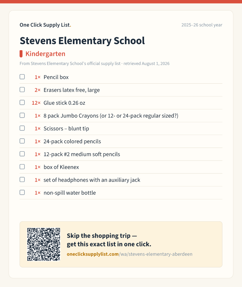 Stevens Elementary School Kindergarten supply list — printable image