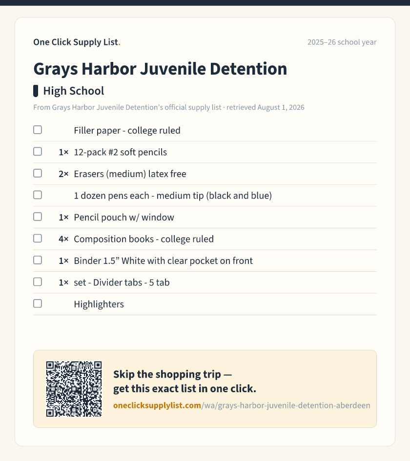 Grays Harbor Juvenile Detention High School supply list — printable image