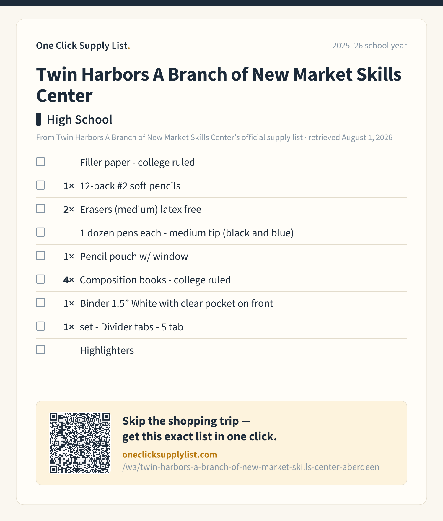 Twin Harbors A Branch of New Market Skills Center High School supply list — printable image