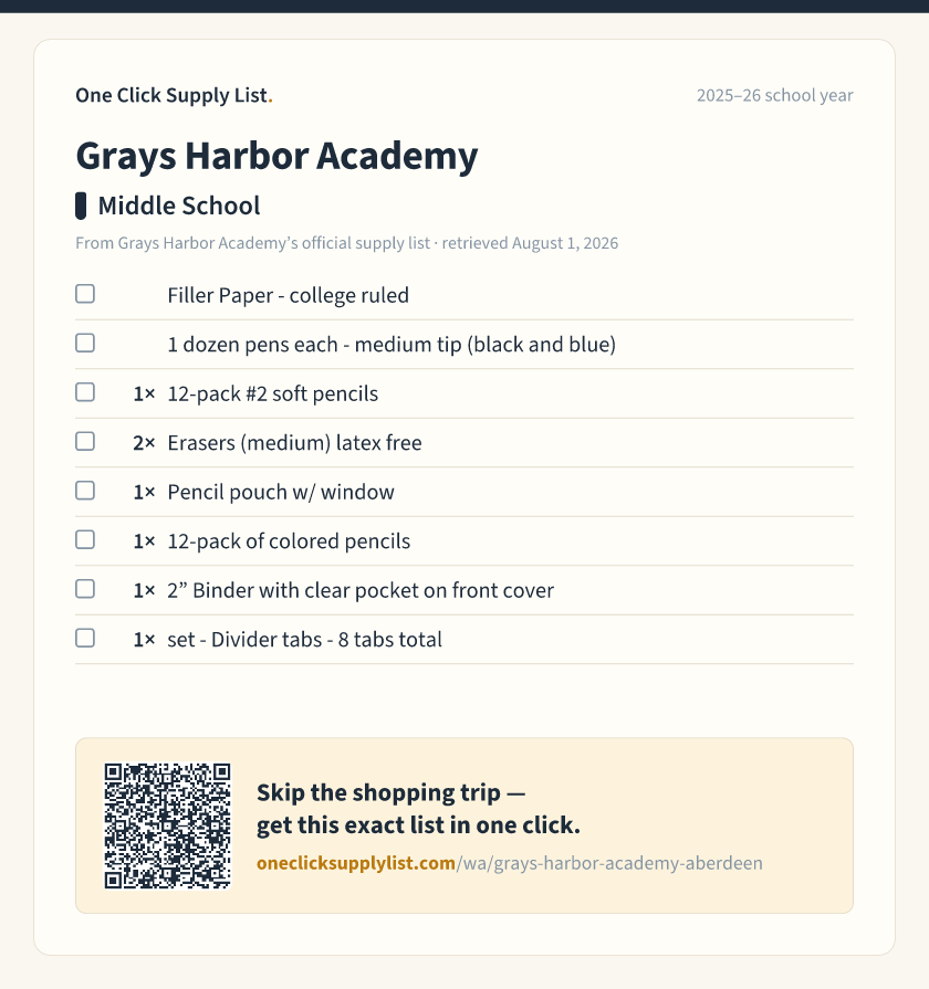 Grays Harbor Academy Middle School supply list — printable image