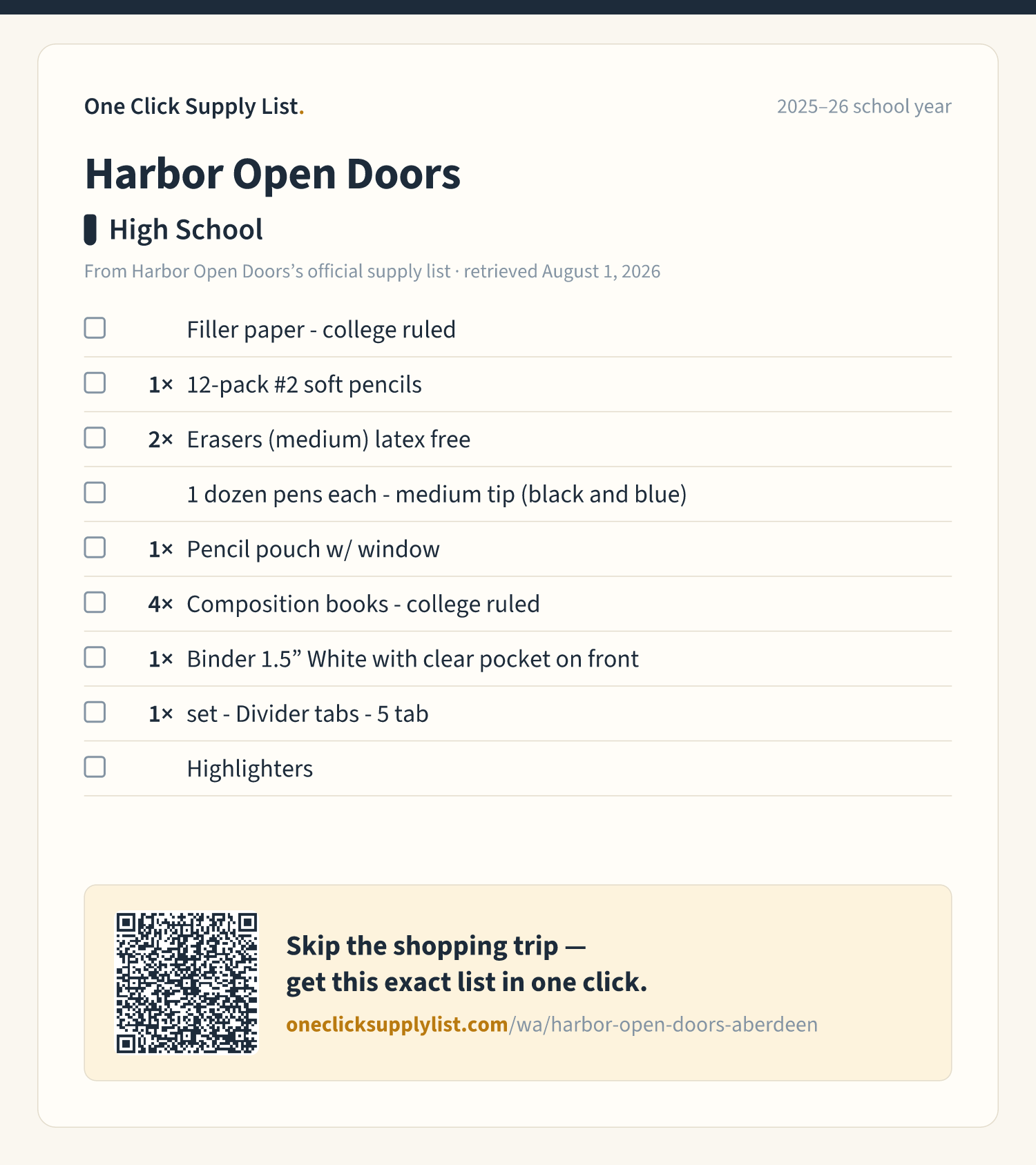 Harbor Open Doors High School supply list — printable image
