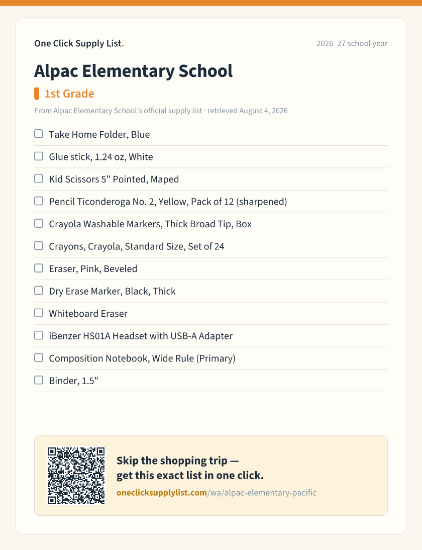 Alpac Elementary School 1st Grade supply list — printable image
