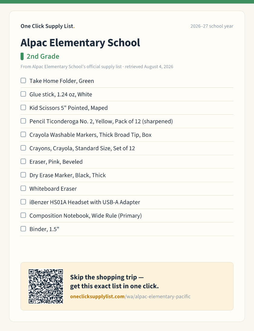 Alpac Elementary School 2nd Grade supply list — printable image
