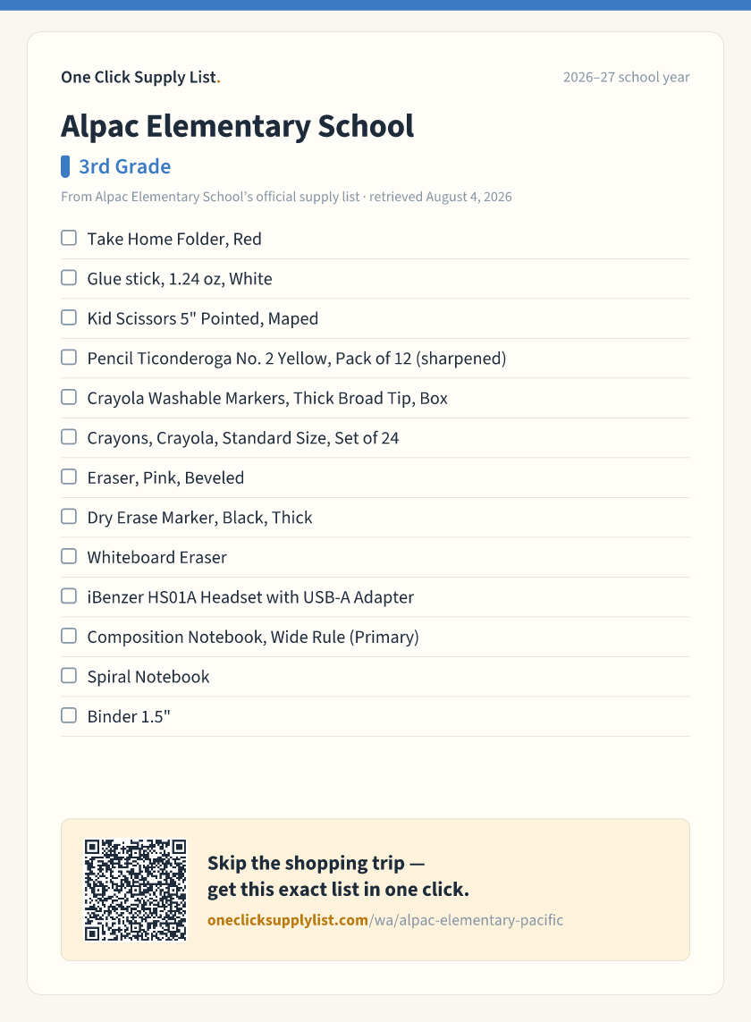 Alpac Elementary School 3rd Grade supply list — printable image