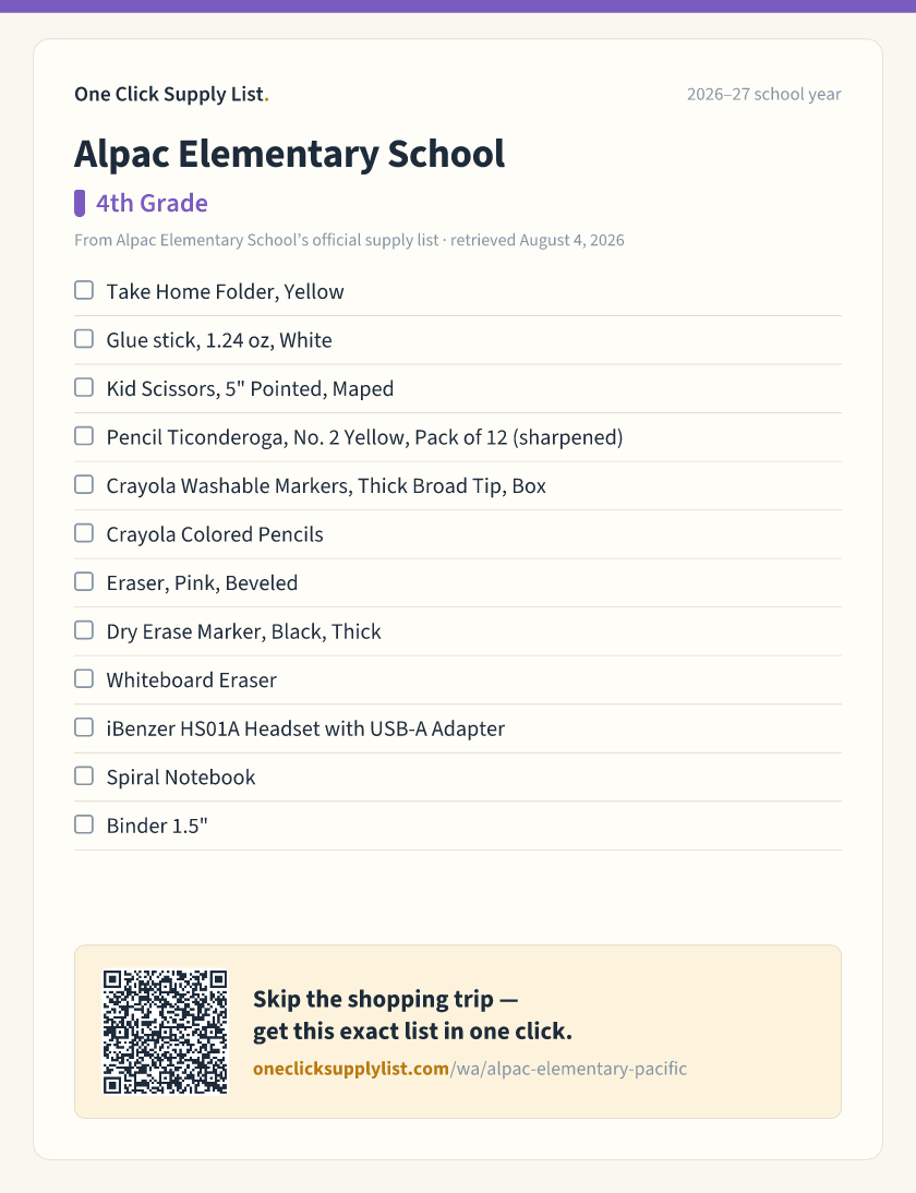 Alpac Elementary School 4th Grade supply list — printable image