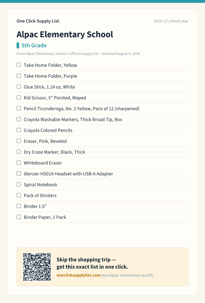Alpac Elementary School 5th Grade supply list — printable image