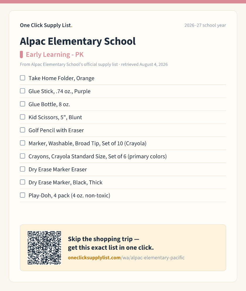 Alpac Elementary School Early Learning - PK supply list — printable image