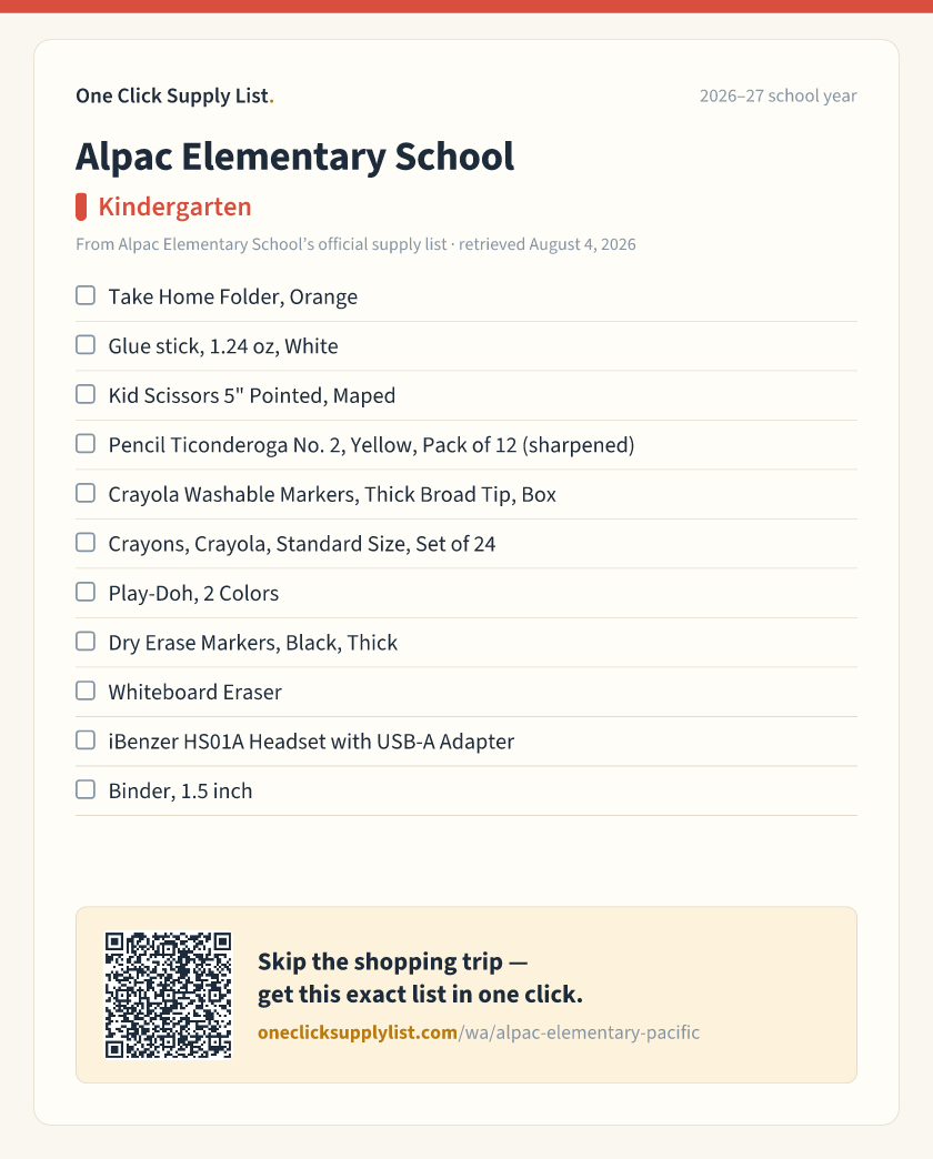 Alpac Elementary School Kindergarten supply list — printable image