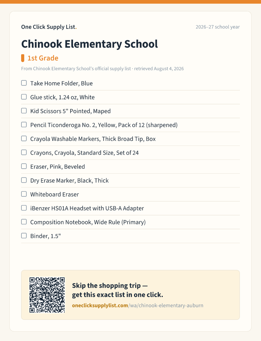 Chinook Elementary School 1st Grade supply list — printable image