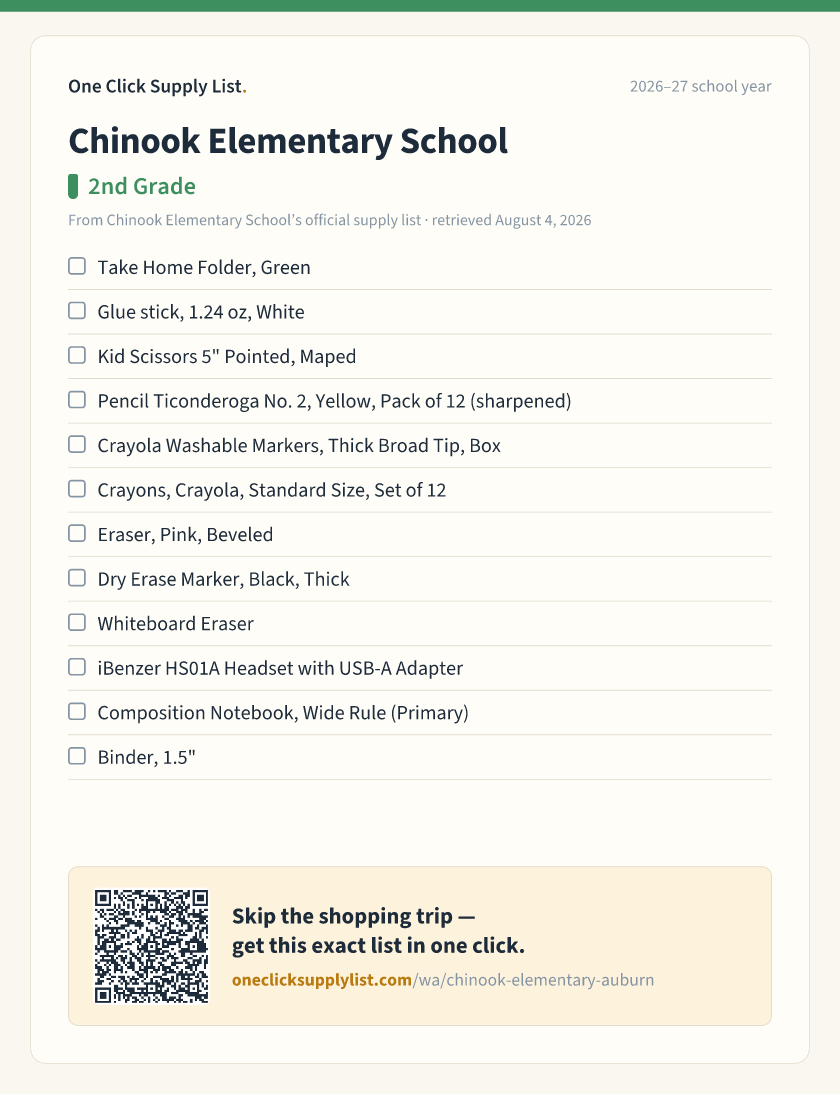 Chinook Elementary School 2nd Grade supply list — printable image