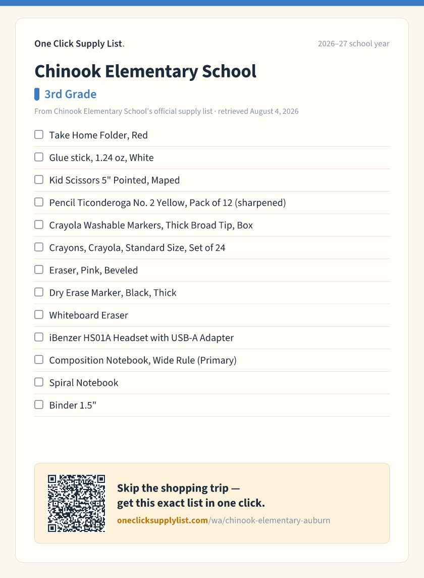 Chinook Elementary School 3rd Grade supply list — printable image