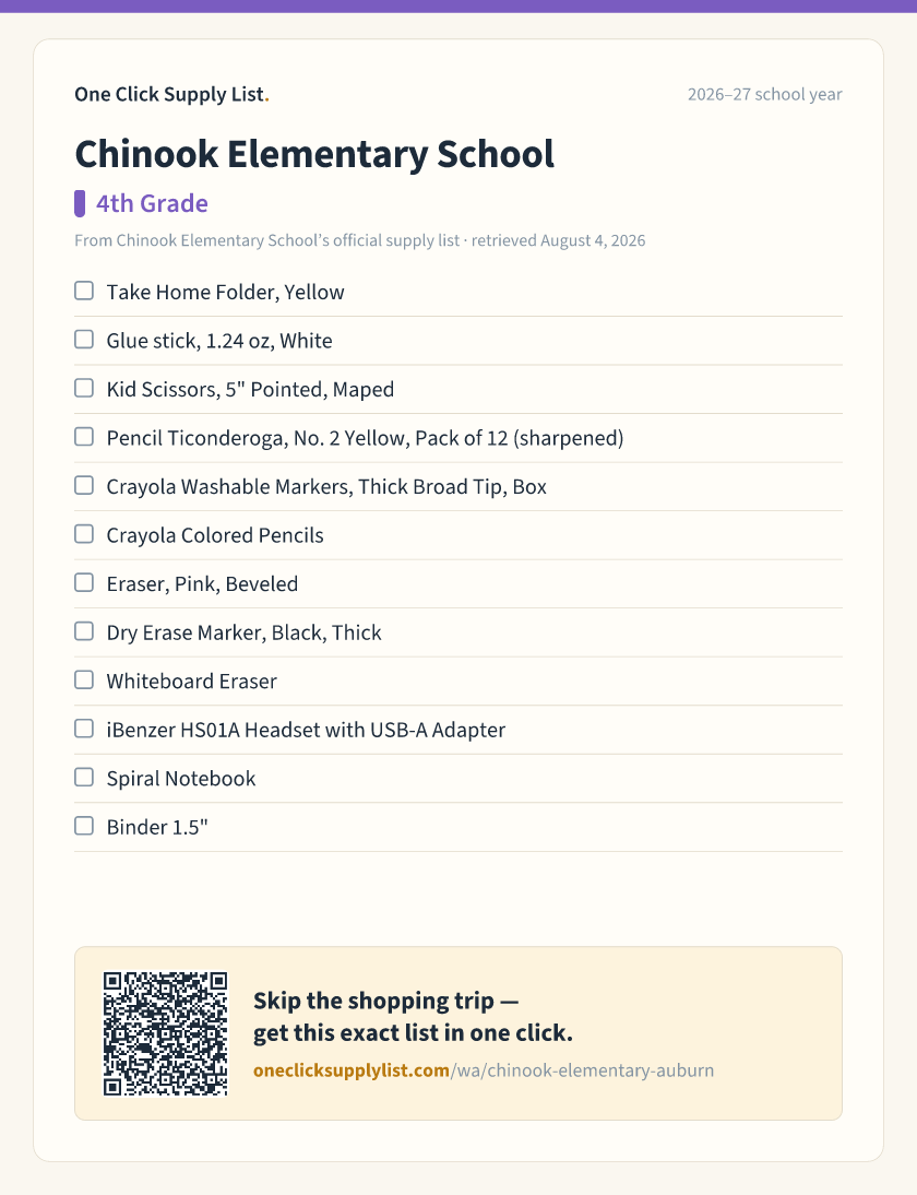 Chinook Elementary School 4th Grade supply list — printable image