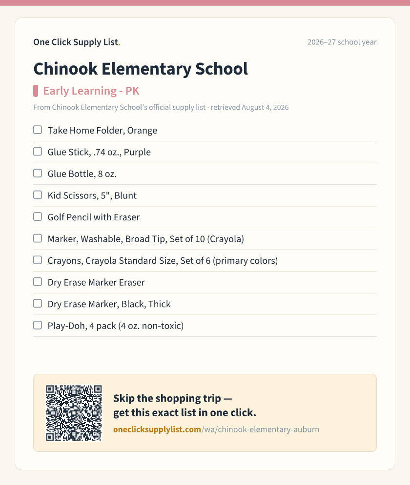 Chinook Elementary School Early Learning - PK supply list — printable image