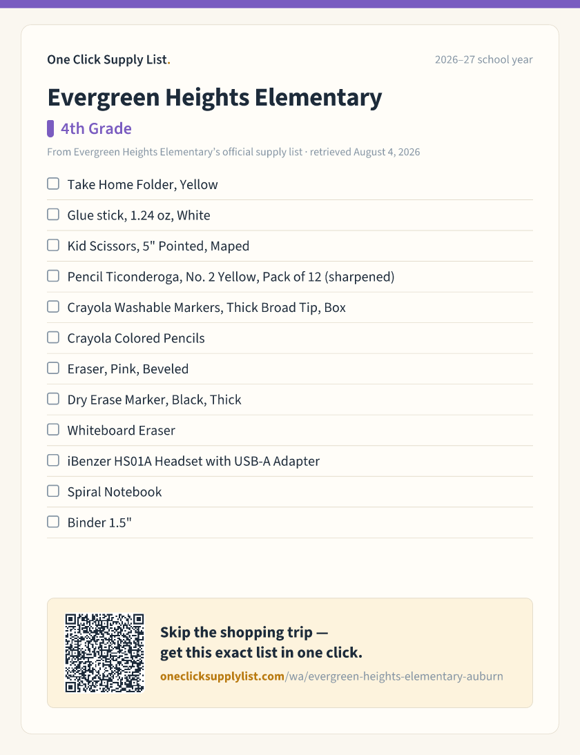Evergreen Heights Elementary 4th Grade supply list — printable image