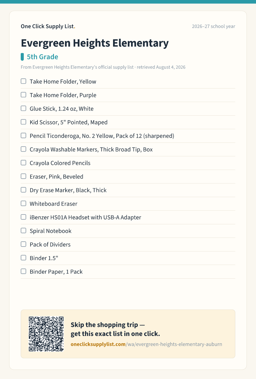Evergreen Heights Elementary 5th Grade supply list — printable image