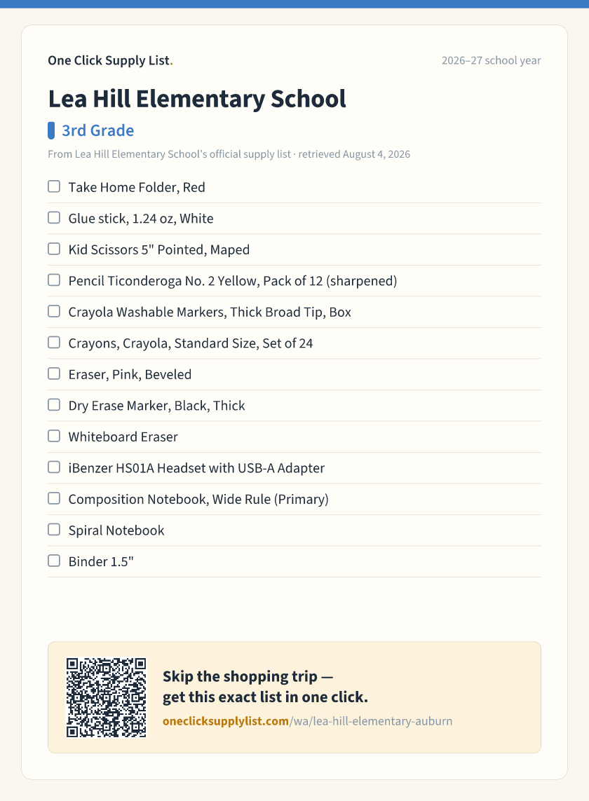 Lea Hill Elementary School 3rd Grade supply list — printable image
