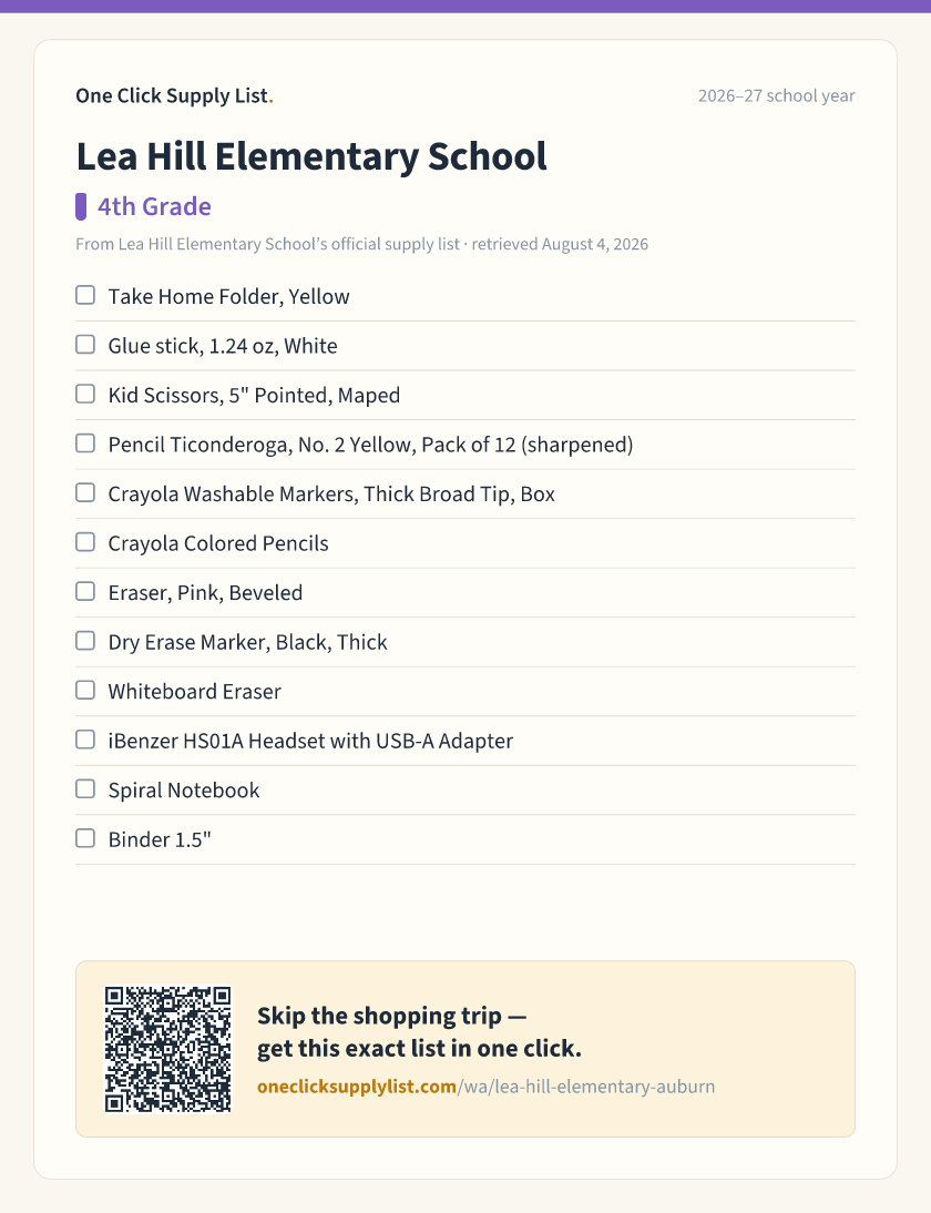 Lea Hill Elementary School 4th Grade supply list — printable image