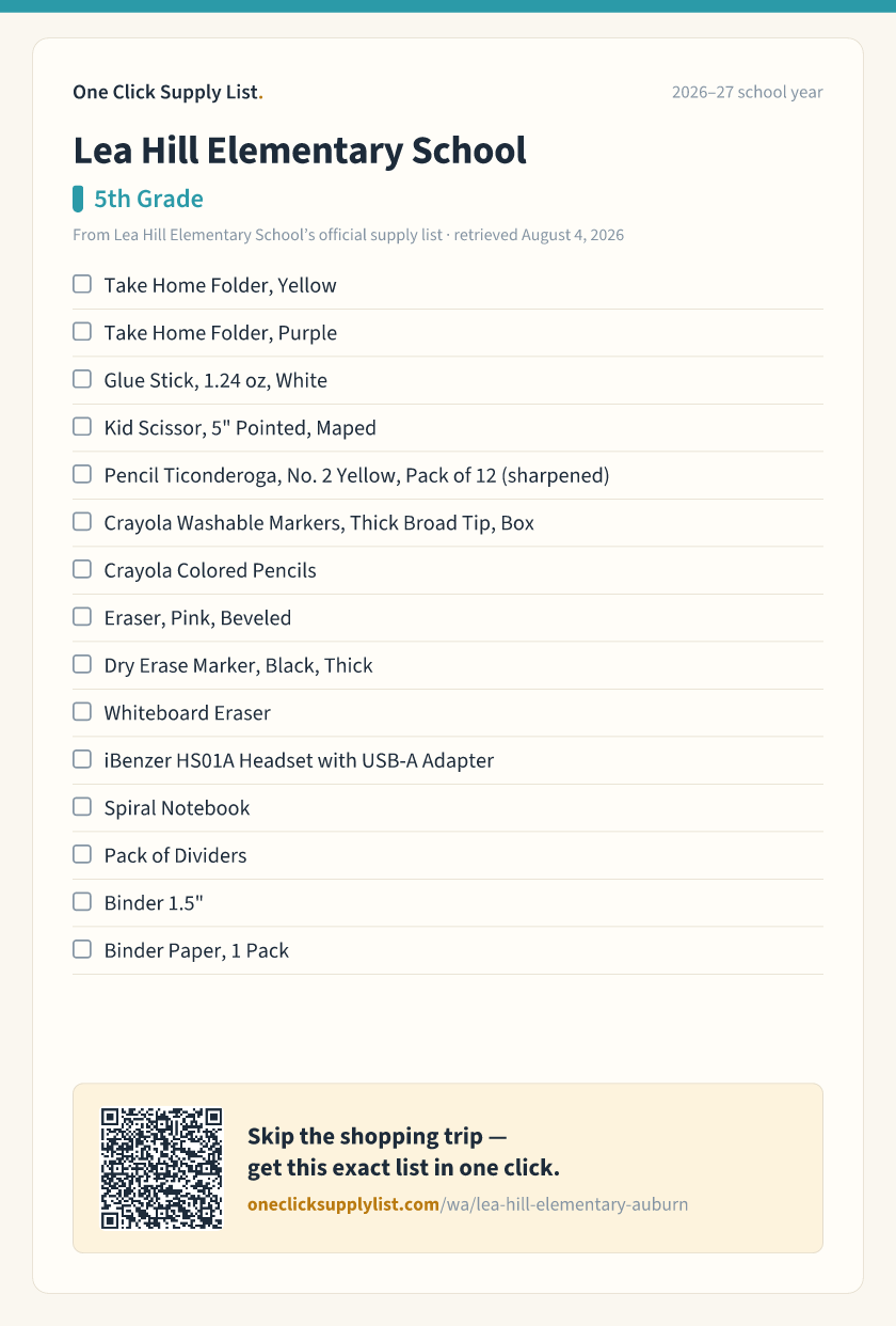 Lea Hill Elementary School 5th Grade supply list — printable image