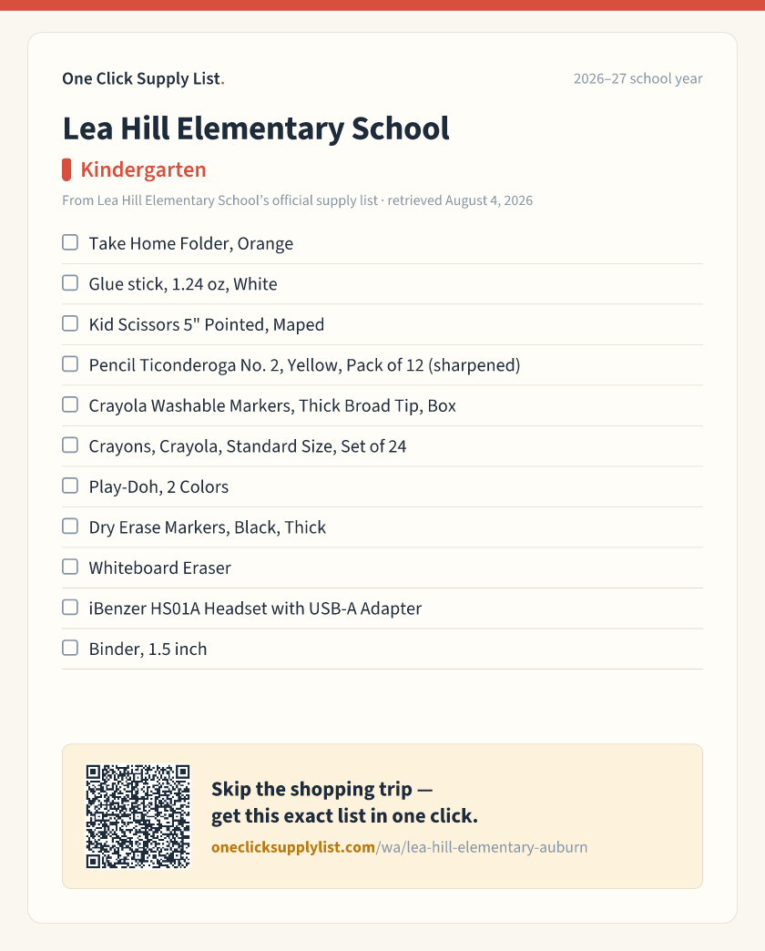 Lea Hill Elementary School Kindergarten supply list — printable image