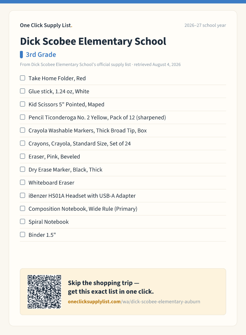 Dick Scobee Elementary School 3rd Grade supply list — printable image