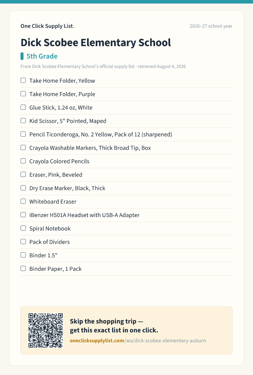 Dick Scobee Elementary School 5th Grade supply list — printable image