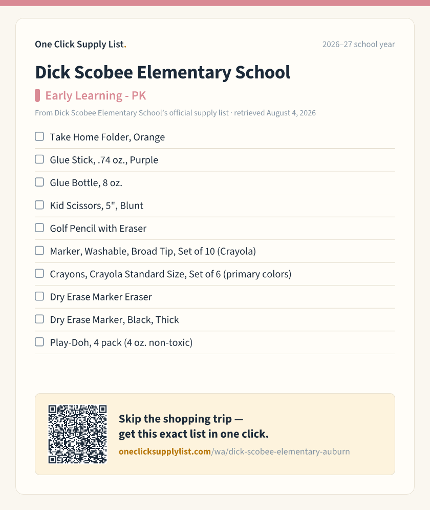 Dick Scobee Elementary School Early Learning - PK supply list — printable image