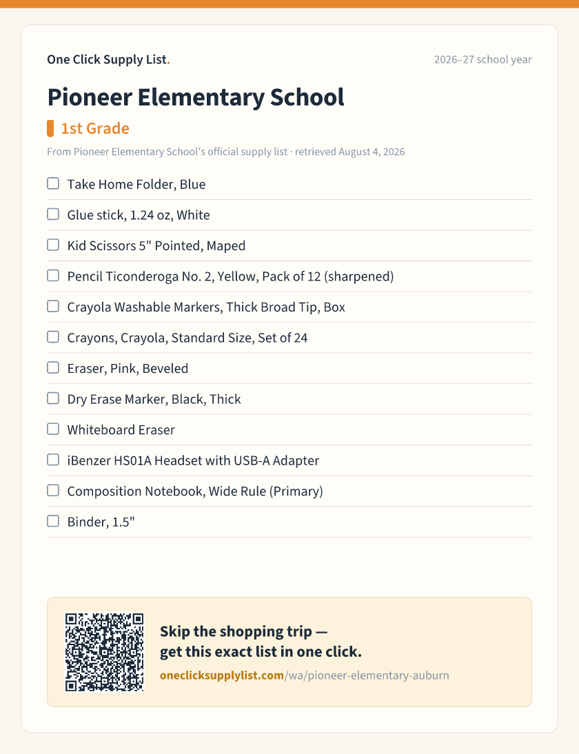 Pioneer Elementary School 1st Grade supply list — printable image