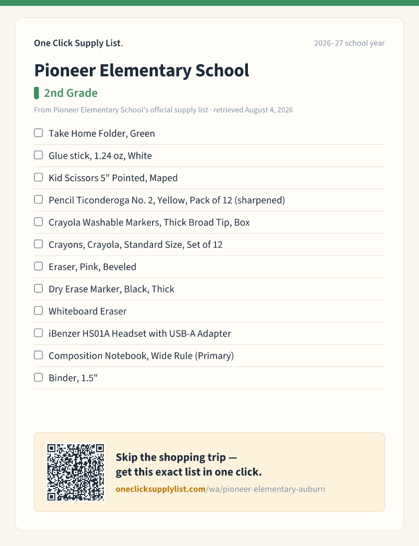 Pioneer Elementary School 2nd Grade supply list — printable image