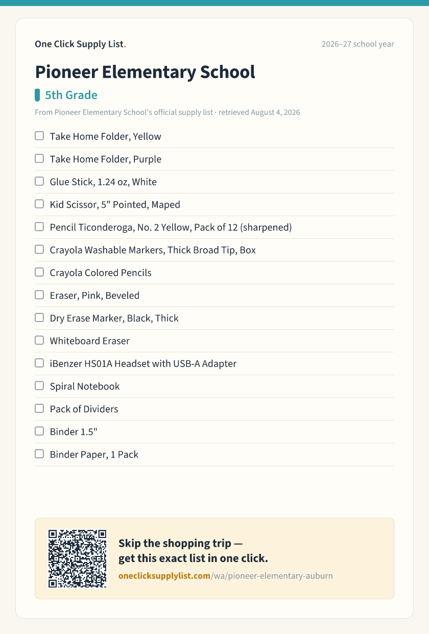 Pioneer Elementary School 5th Grade supply list — printable image