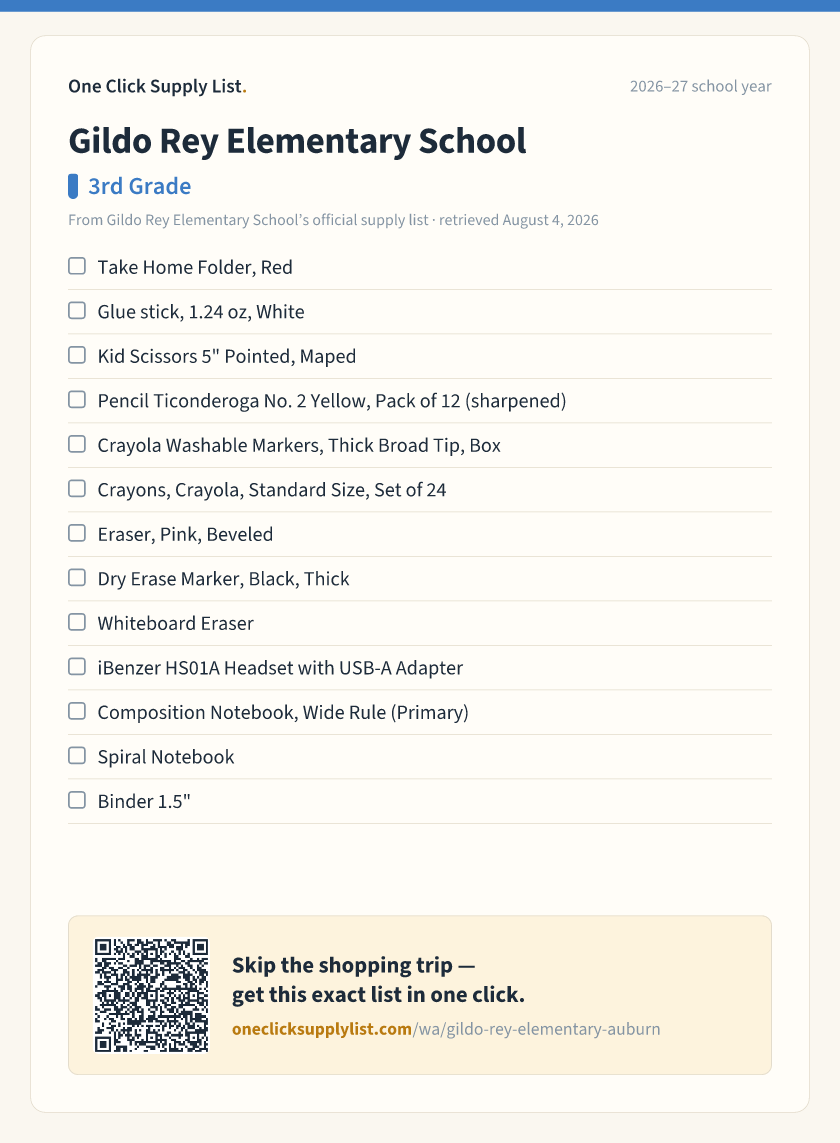 Gildo Rey Elementary School 3rd Grade supply list — printable image