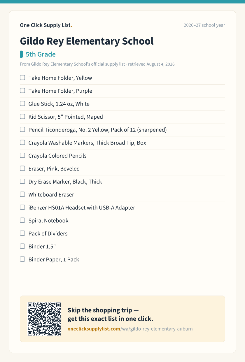 Gildo Rey Elementary School 5th Grade supply list — printable image