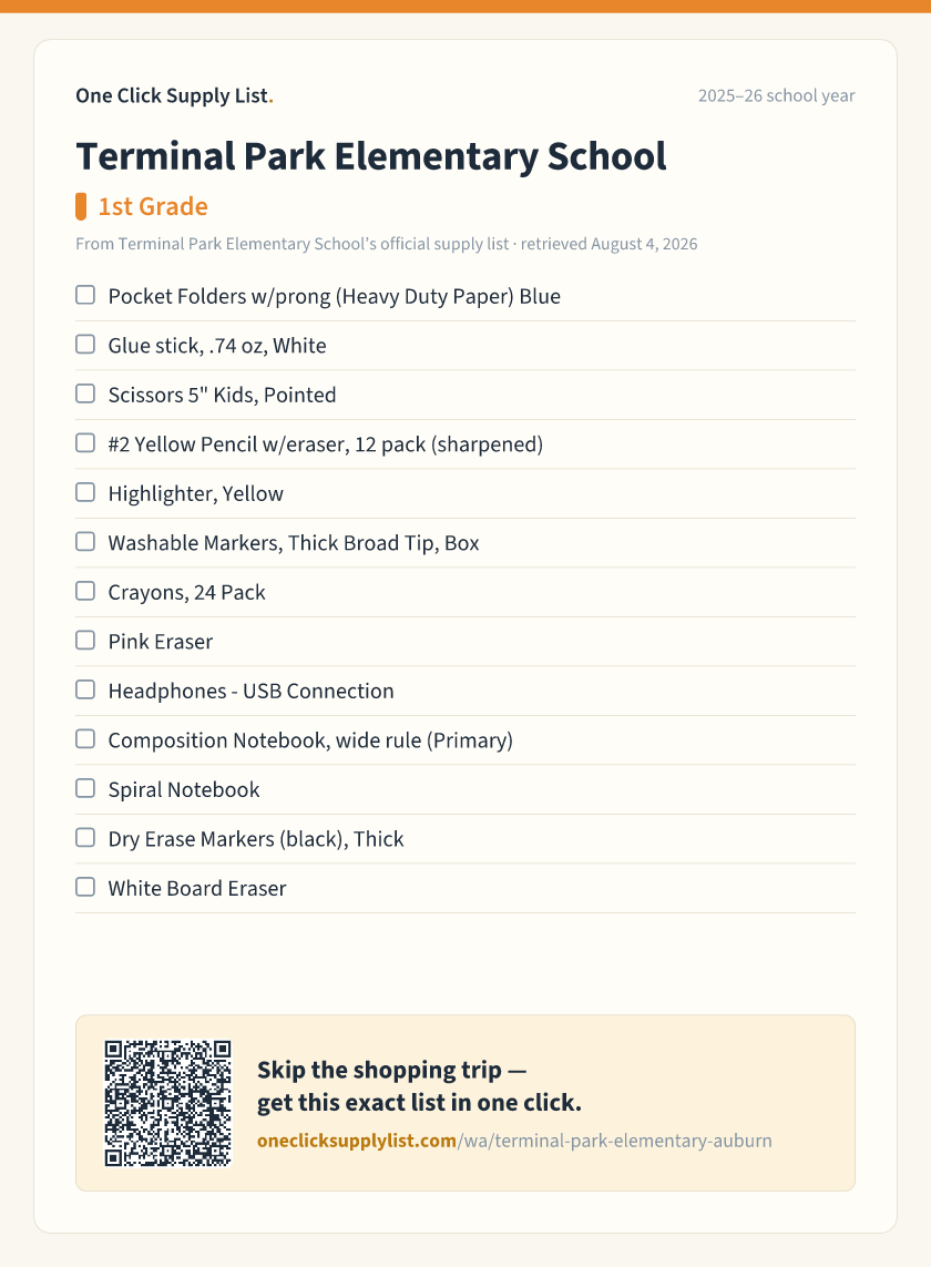 Terminal Park Elementary School 1st Grade supply list — printable image