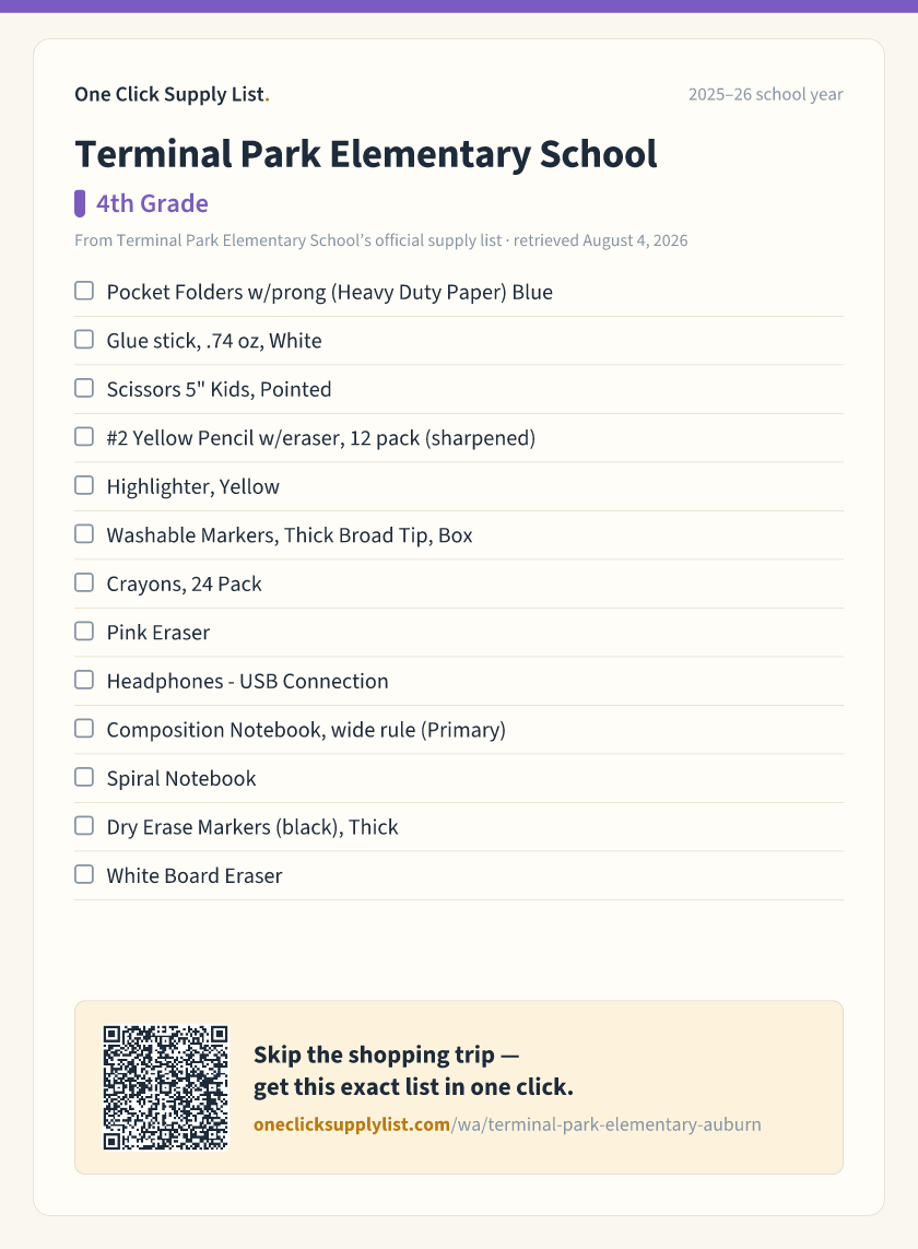 Terminal Park Elementary School 4th Grade supply list — printable image
