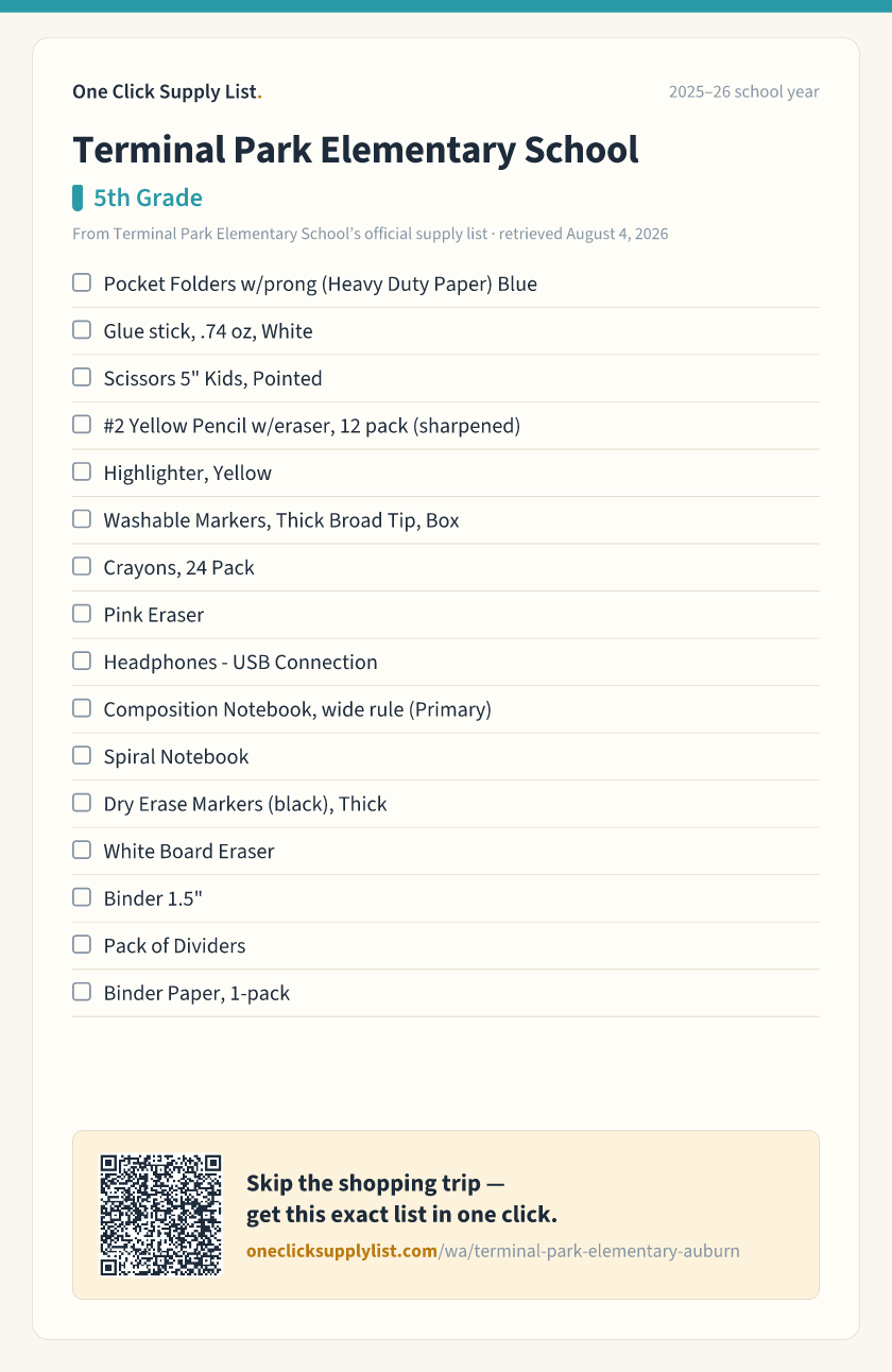 Terminal Park Elementary School 5th Grade supply list — printable image