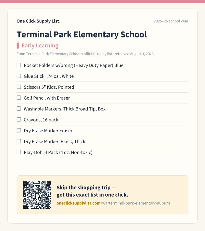 Terminal Park Elementary School Early Learning supply list — printable image