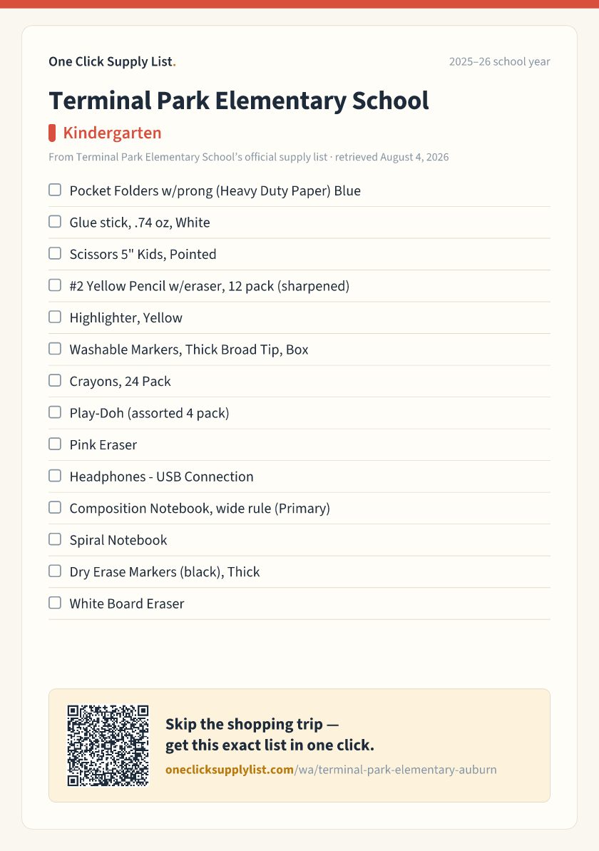 Terminal Park Elementary School Kindergarten supply list — printable image