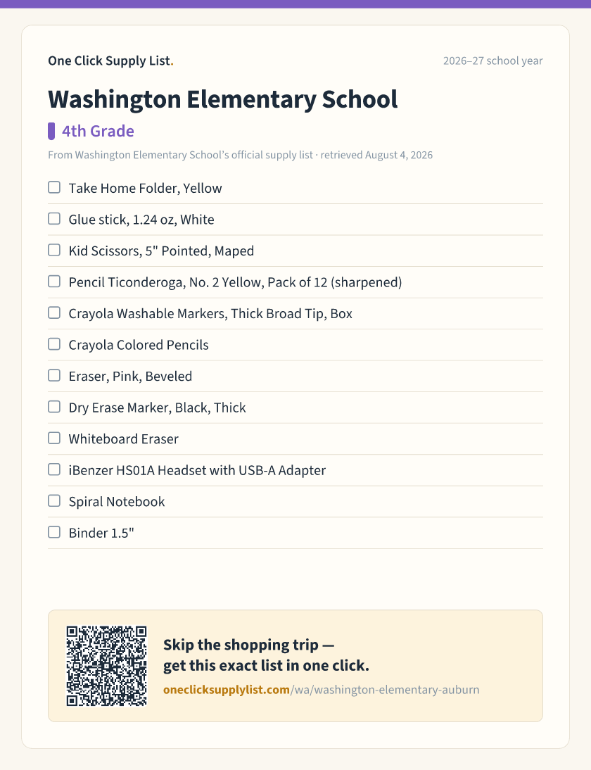 Washington Elementary School 4th Grade supply list — printable image