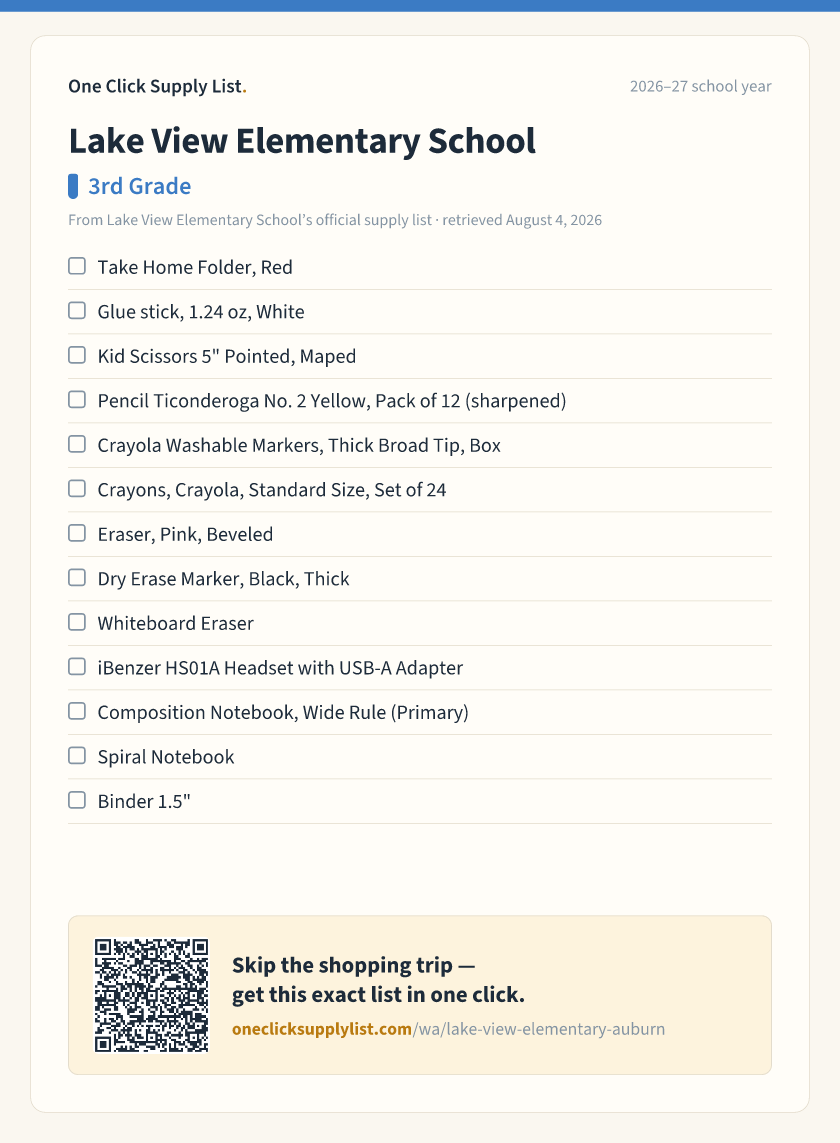 Lake View Elementary School 3rd Grade supply list — printable image
