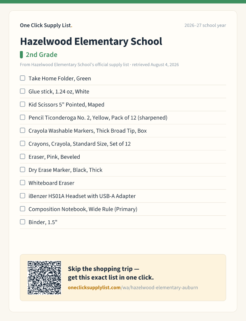 Hazelwood Elementary School 2nd Grade supply list — printable image