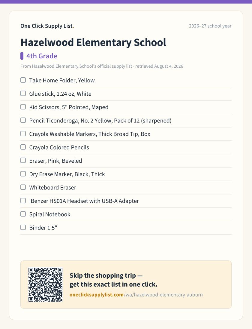 Hazelwood Elementary School 4th Grade supply list — printable image