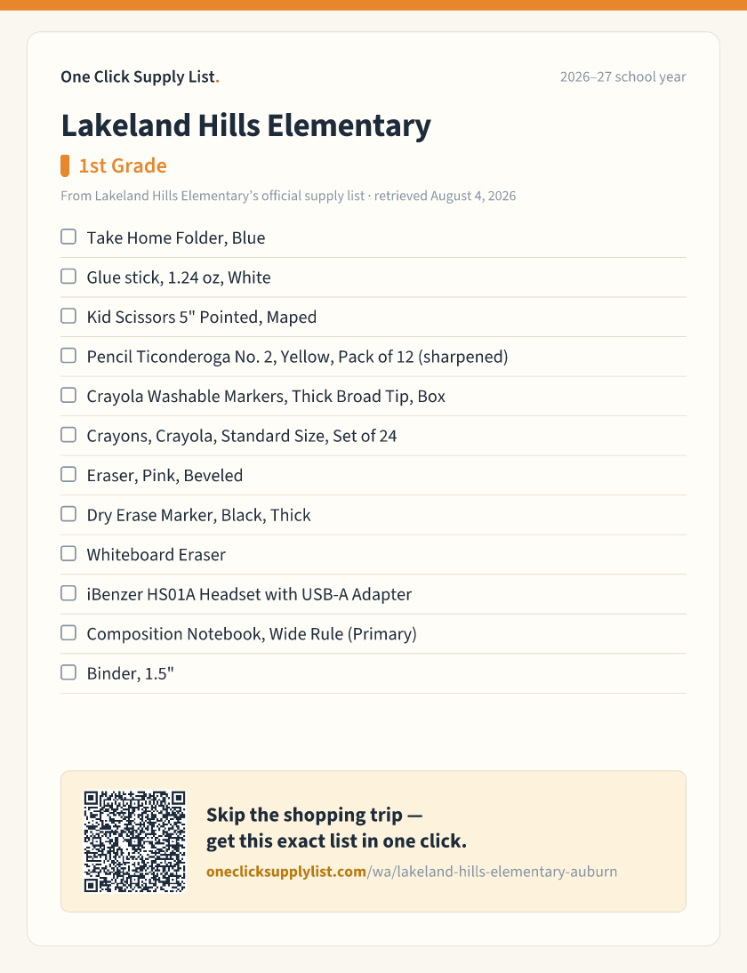 Lakeland Hills Elementary 1st Grade supply list — printable image