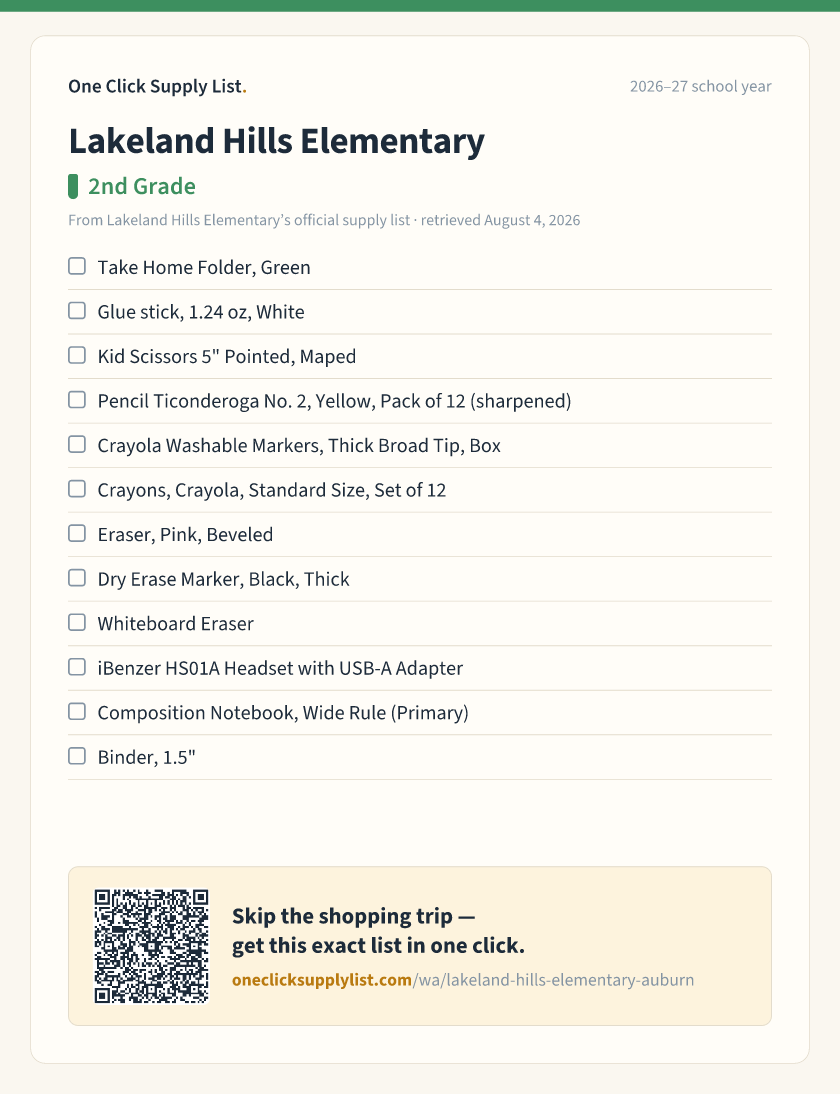 Lakeland Hills Elementary 2nd Grade supply list — printable image
