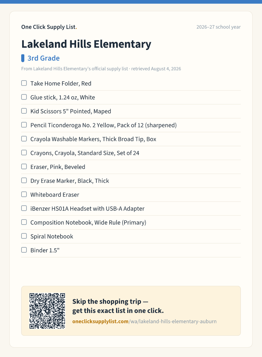 Lakeland Hills Elementary 3rd Grade supply list — printable image