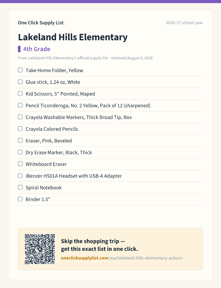 Lakeland Hills Elementary 4th Grade supply list — printable image