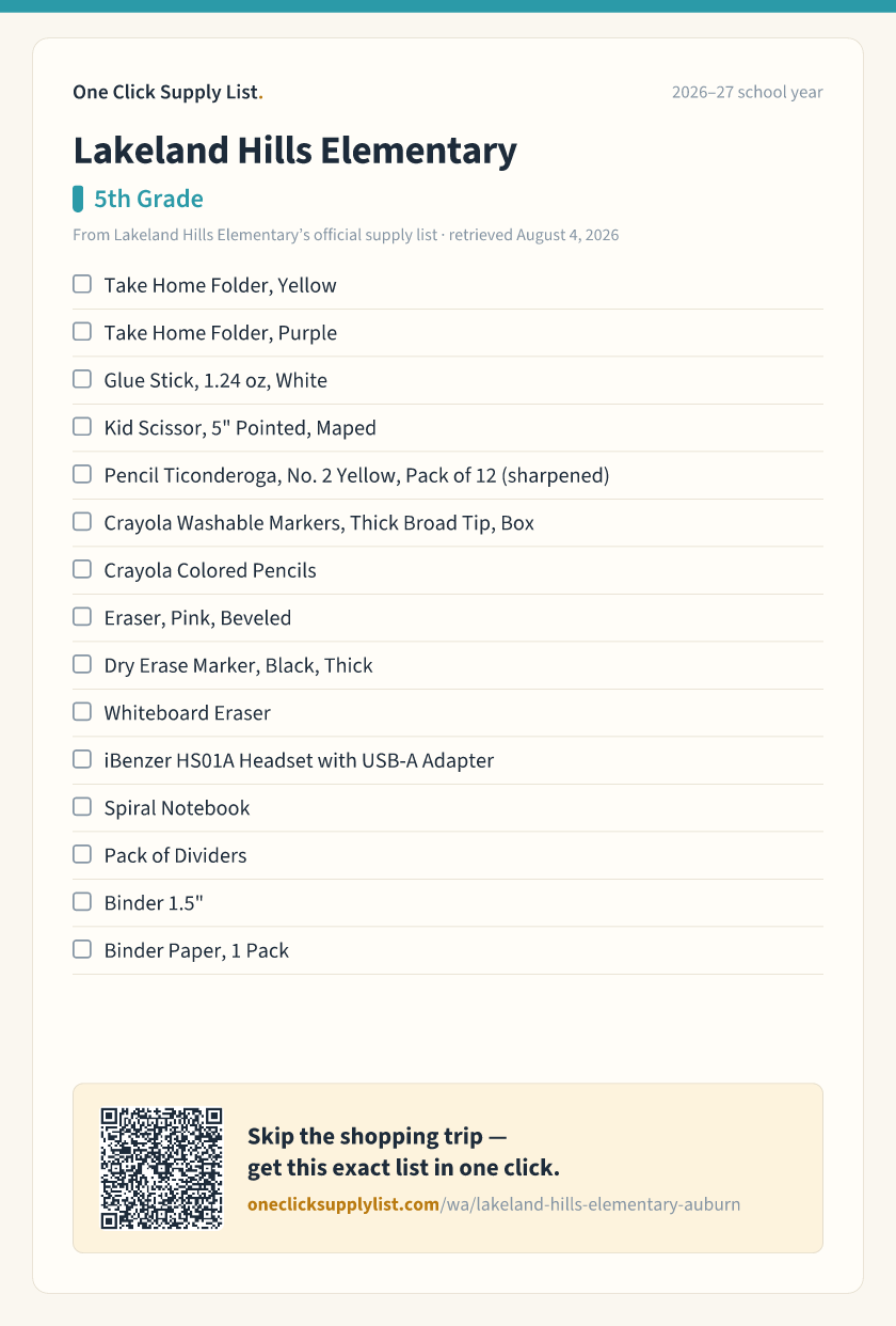 Lakeland Hills Elementary 5th Grade supply list — printable image