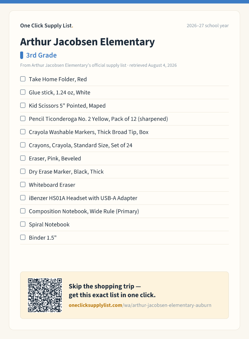 Arthur Jacobsen Elementary 3rd Grade supply list — printable image