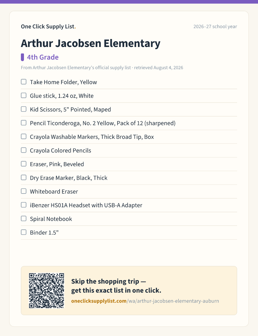 Arthur Jacobsen Elementary 4th Grade supply list — printable image