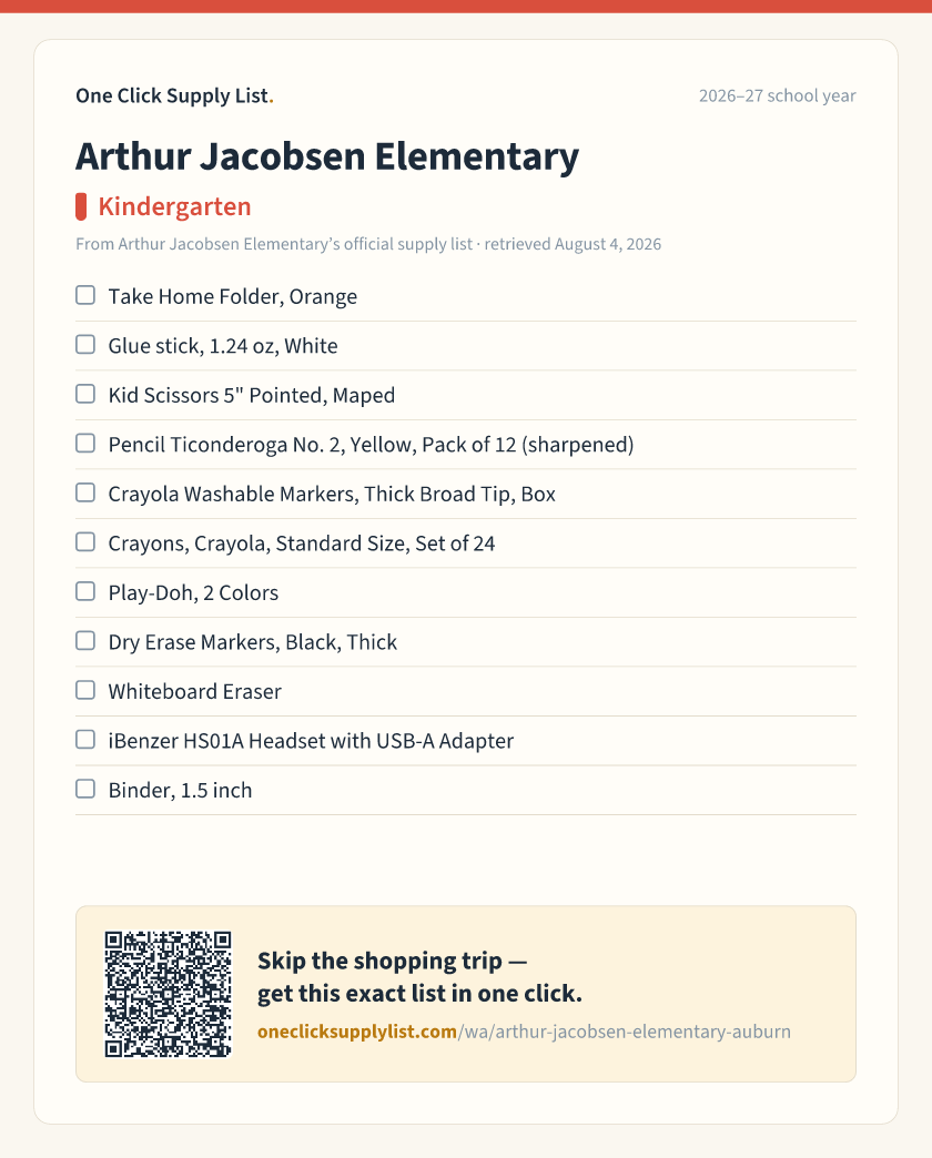 Arthur Jacobsen Elementary Kindergarten supply list — printable image